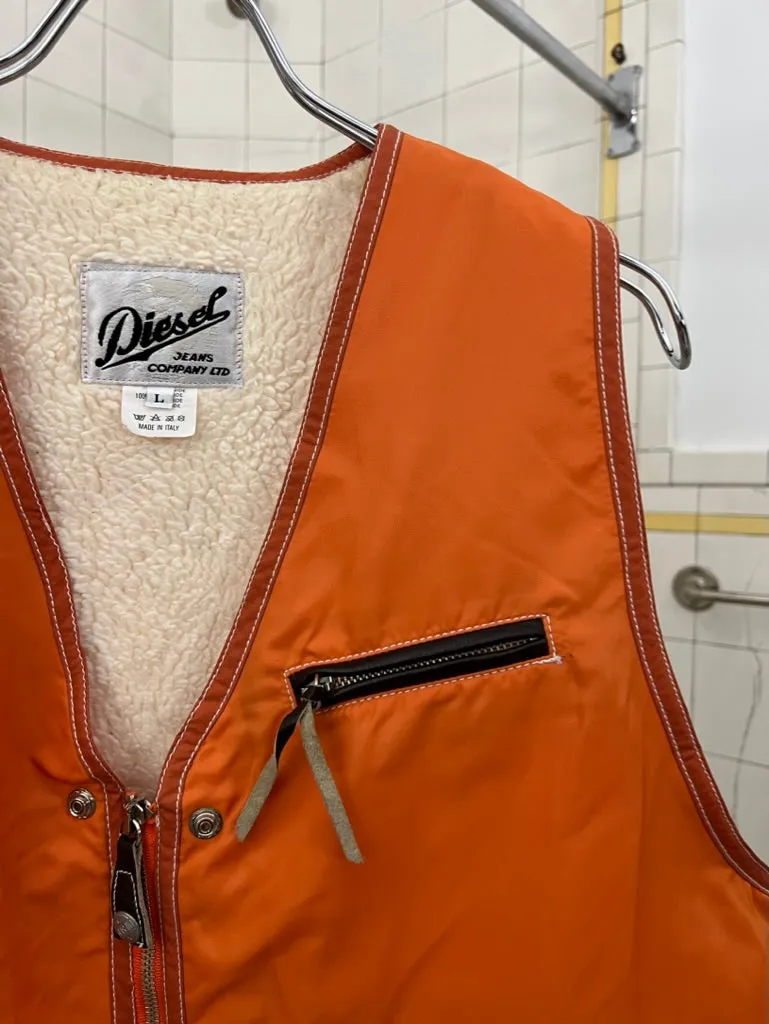 1980s Diesel Fleece-Lined Orange Nylon Vest - Size L