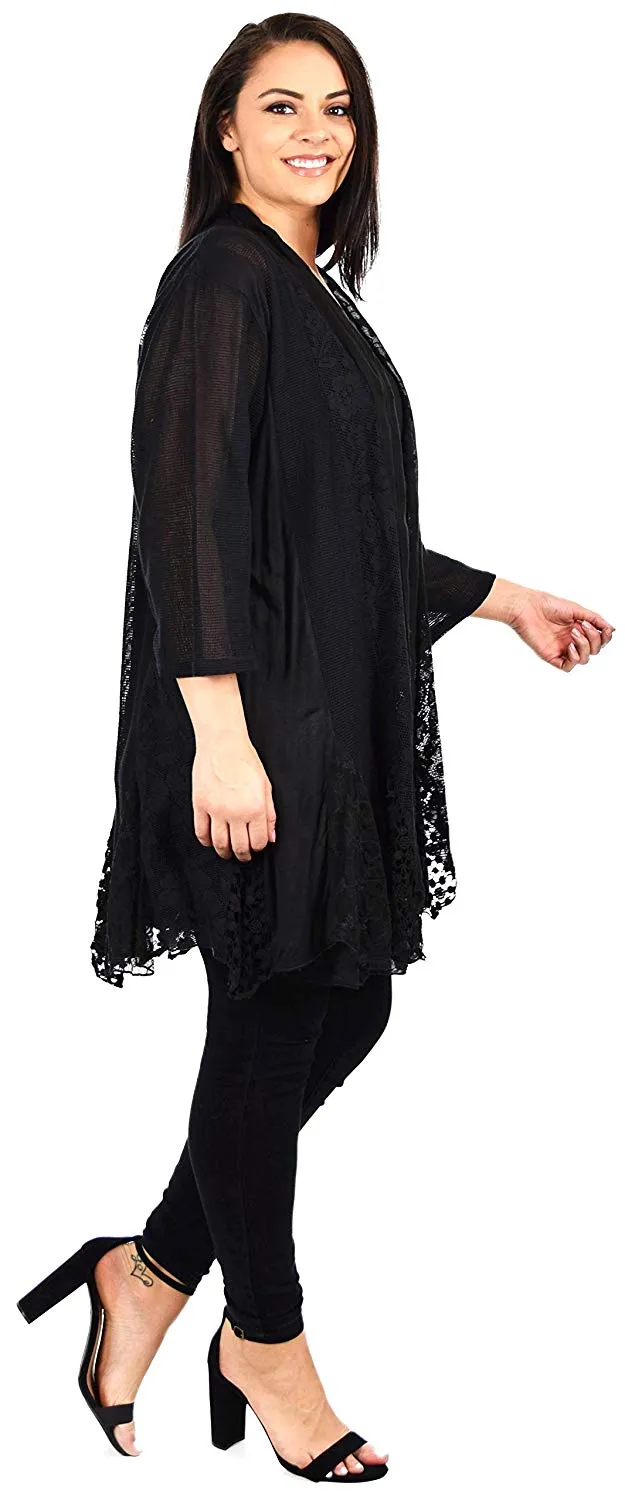Dare2BStylish Women Plus Size 2 Piece Lace Cardigan Duster Blouse Top Set