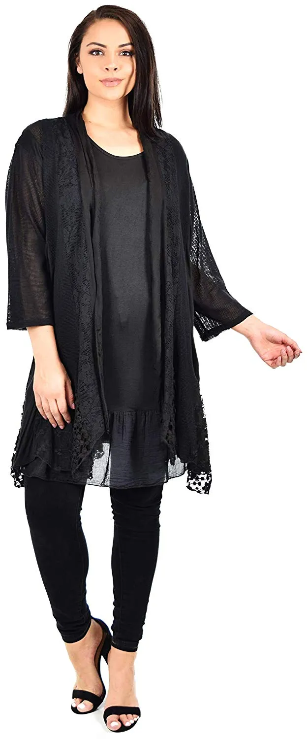 Dare2BStylish Women Plus Size 2 Piece Lace Cardigan Duster Blouse Top Set