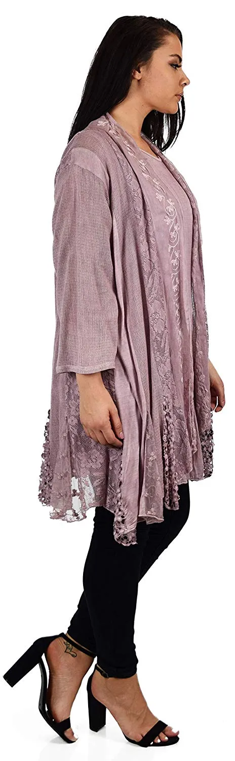 Dare2BStylish Women Plus Size 2 Piece Lace Cardigan Duster Blouse Top Set